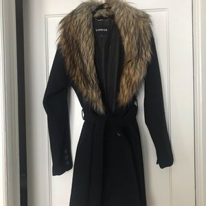 Black Wool Coat With Removable Faux Fur Collar